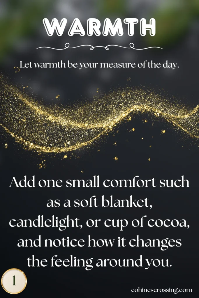 a cozy Christmas card that says "warmth" and gives a thought and action with glitter