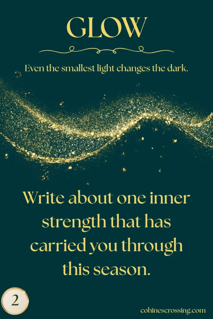 green and gold card that says "glow" with a thought and an action