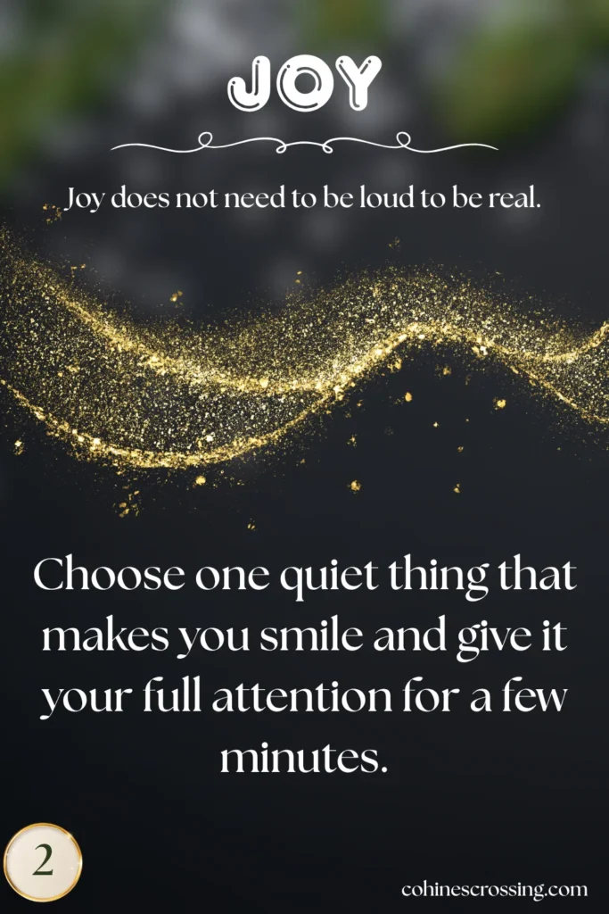 a cozy christmas card that says "joy" and gives a thought and action with gold glitter