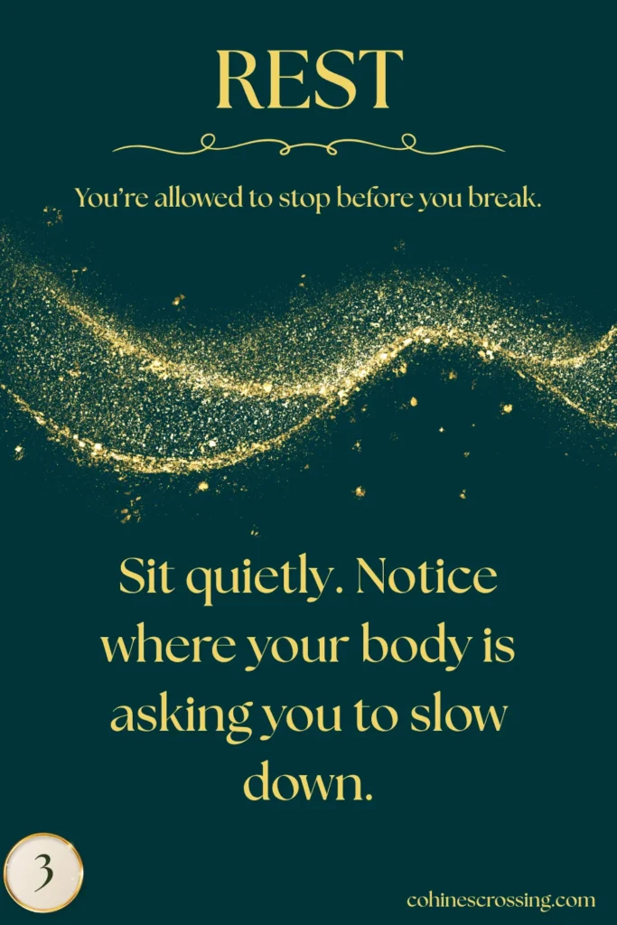 green and gold card that says "rest" with a thought and an action