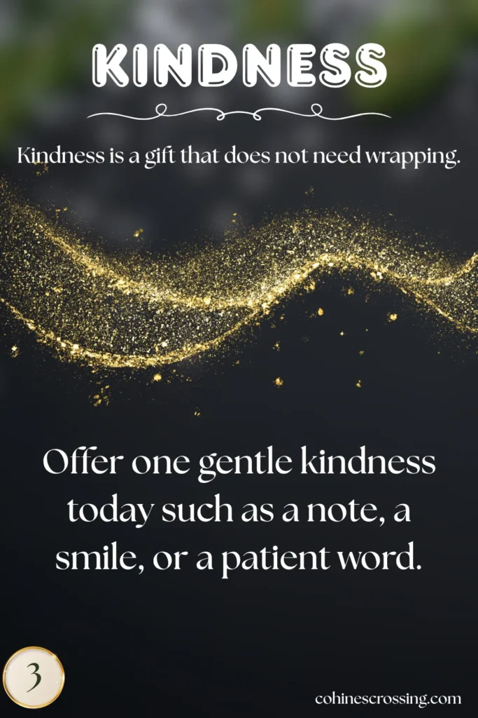 a cozy Christmas card that says "kindness" and gives a thought and action with glitter