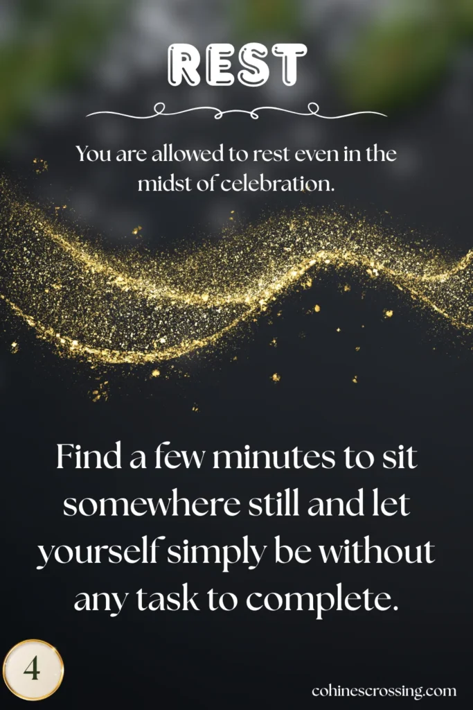 a cozy christmas card that says "rest" and gives a thought and an action with gold glitter