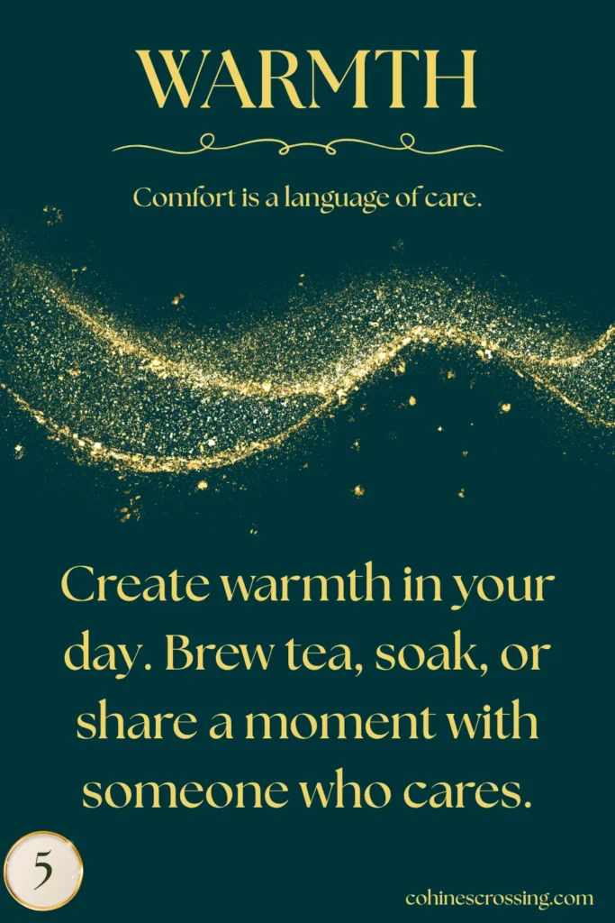 green and gold card that says "warmth" with a thought and an action