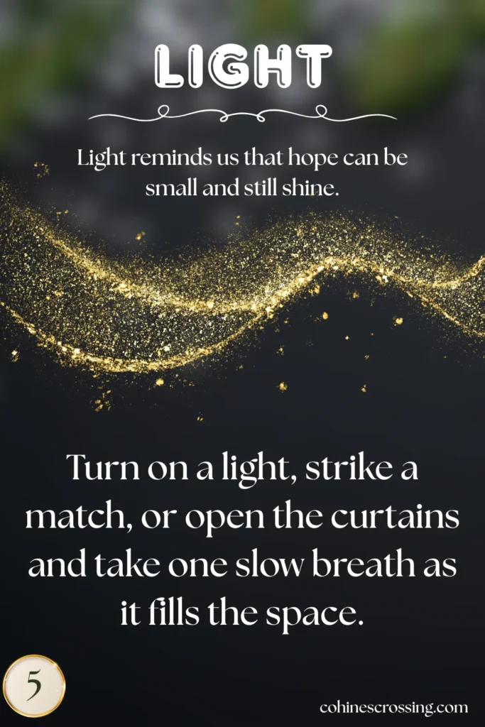 cozy Christmas card that says light and describes the thought and action with gold glitter