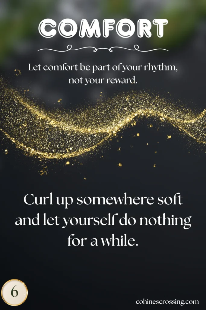 a cozy Christmas card that says "comfort" and gives a thought and action with glitter