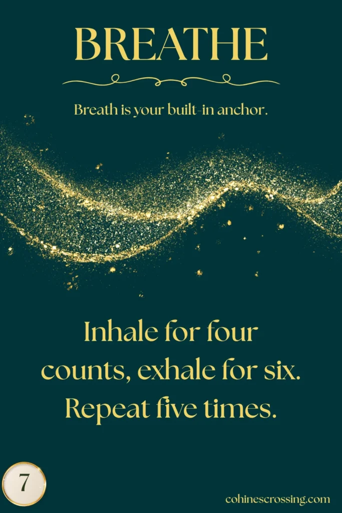 green and gold card that says "breathe" with a thought and an action