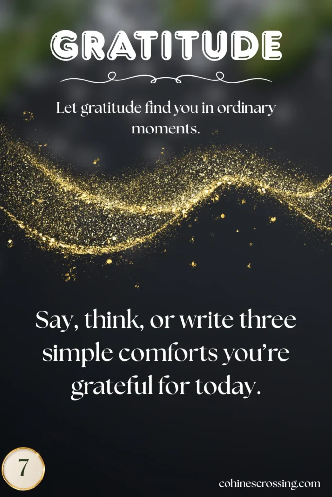a cozy Christmas card that says "gratitude" and gives a thought and action with glitter