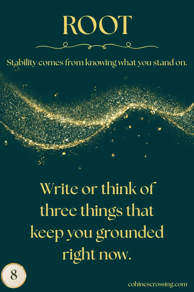 green and gold card that says "root" with a thought and an action