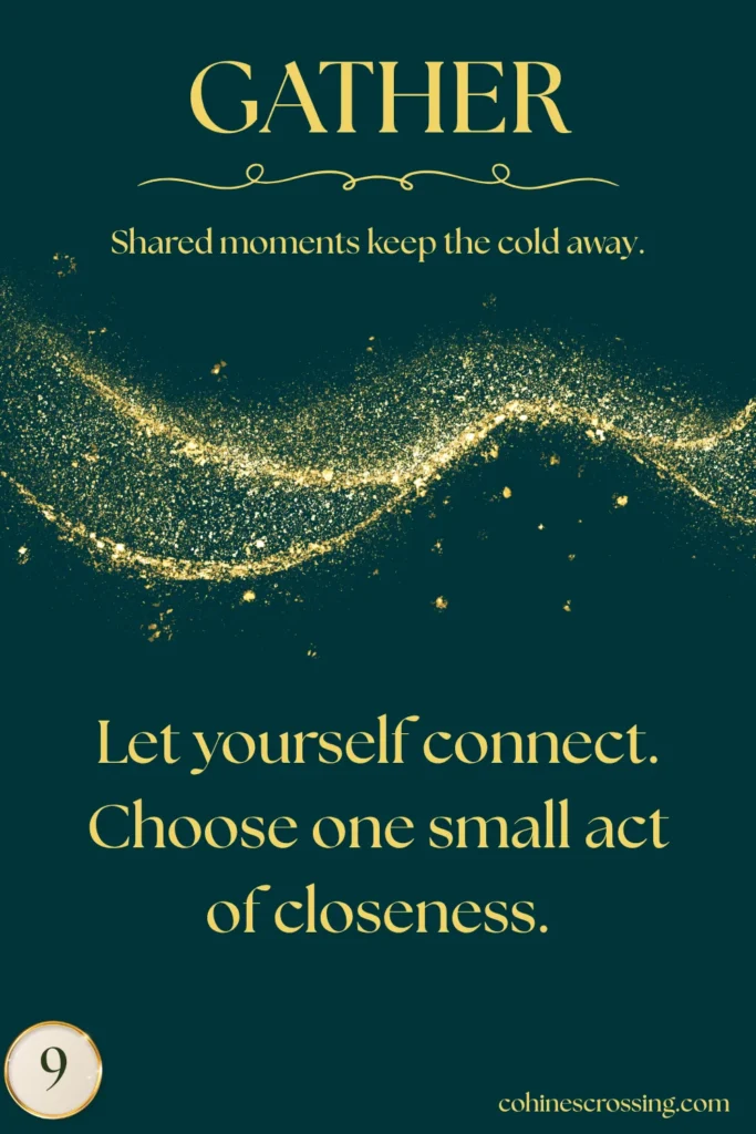 green and gold card that says "gather" with a thought and an action