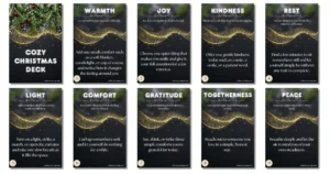 ten christmas cards with bold words, a description, and an action each. Gold glitter and black background.