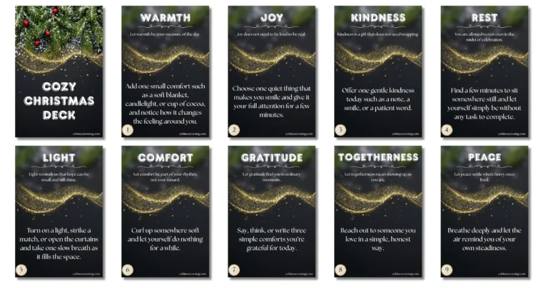 ten christmas cards with bold words, a description, and an action each. Gold glitter and black background.