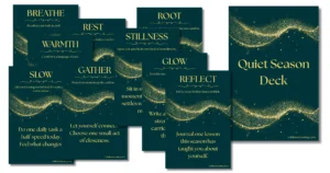 quiet season mini deck with 10 cards that have words for each card with a desctription and action and gold glitter