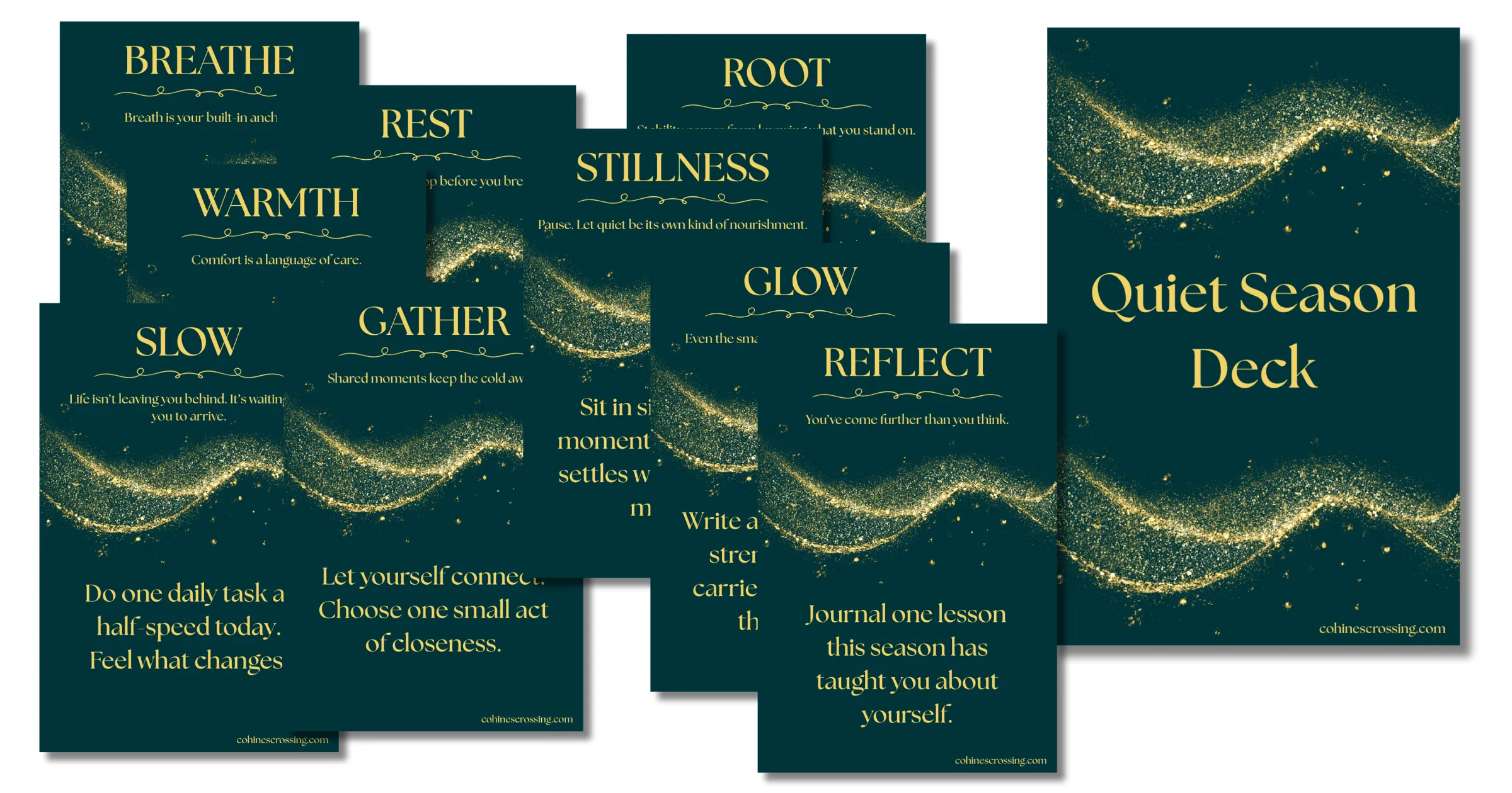 quiet season mini deck with 10 cards that have words for each card with a desctription and action and gold glitter