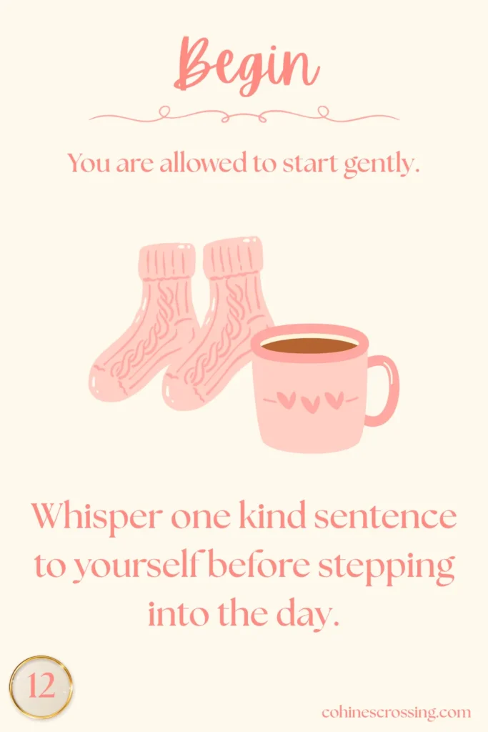 The word “begin” on a digital oracle card with a cozy pair of socks, a coffee mug, a small thought and action