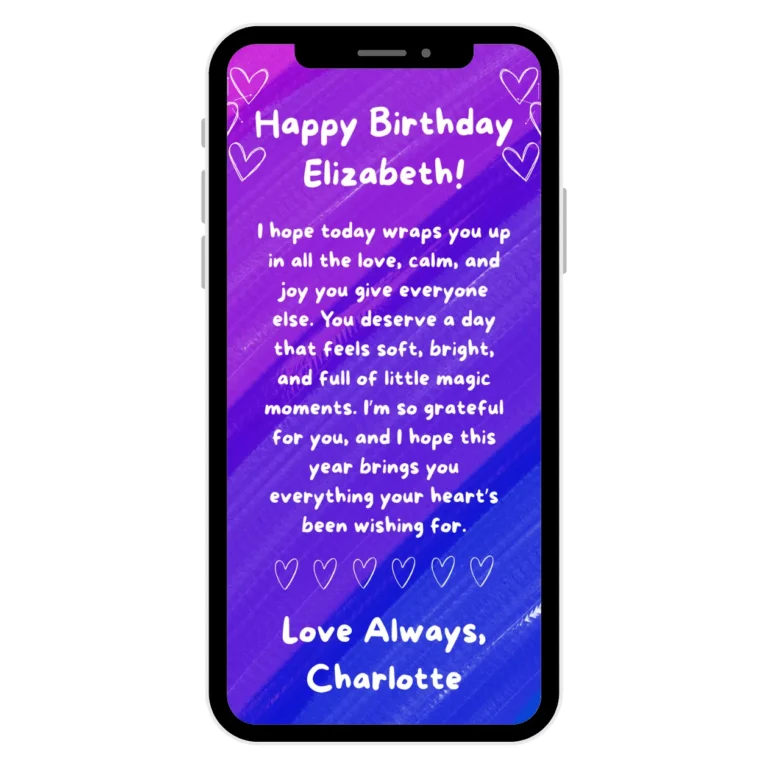 A purple and punk ecard birthday card template on a cell phone with a birthday message