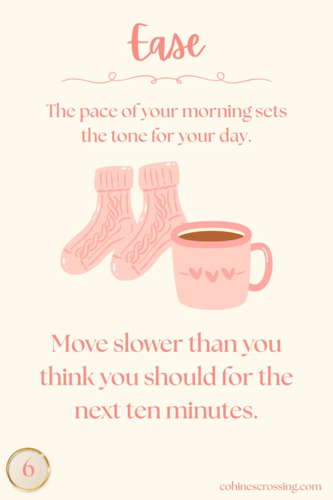 A card with the word “ease” on it and a small thought and action step with a cozy pair of pink socks and a pink mug of coffee