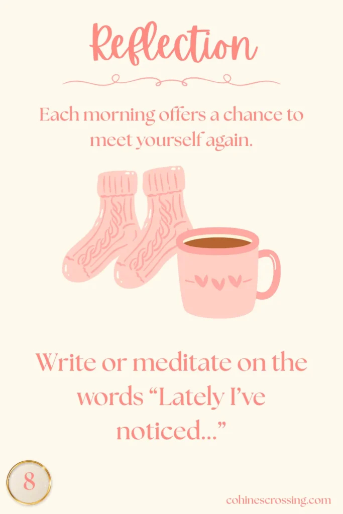 A cream oracle card with the word “reflection” and a thought and action step with a cozy pair of socks and a pink mug of coffee