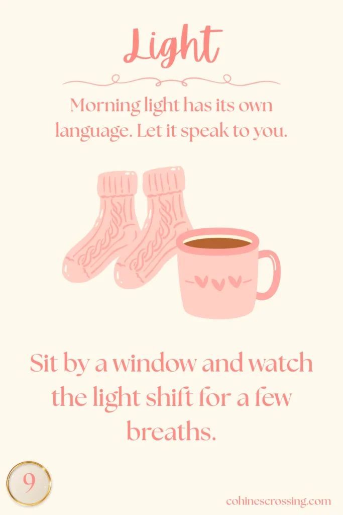 a light cream card with pink cozy socks and a cup of coffee on a digital oracle card that says "Light" with meditation action and thought and the number 9
