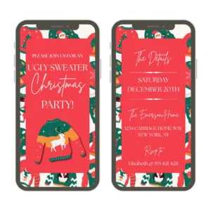two cell phones with a pink design and background ugly christmas sweaters on a digital Invitation template