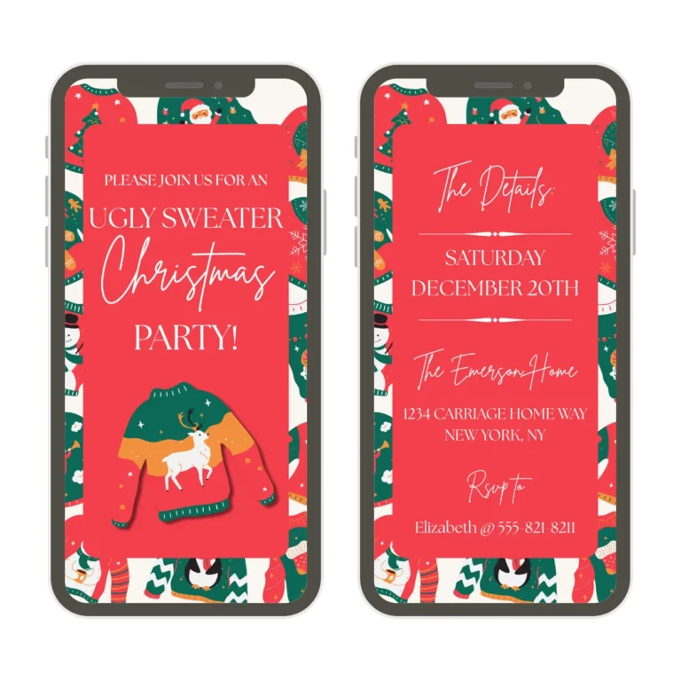 two cell phones with a pink design and background ugly christmas sweaters on a digital Invitation template
