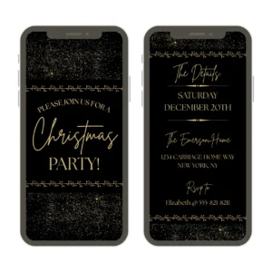 A black christmas party invitation template shown on two cell phones, the first showing a generic you are invited to a Christmas party, and the second with the details of the Christmas party. There is gold glitter in the background