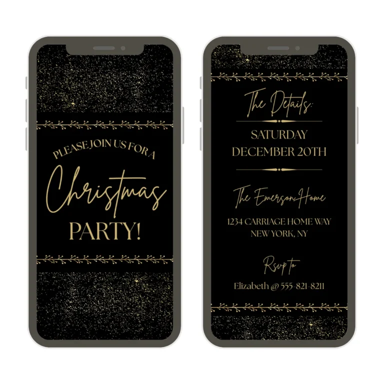 A black christmas party invitation template shown on two cell phones, the first showing a generic you are invited to a Christmas party, and the second with the details of the Christmas party. There is gold glitter in the background