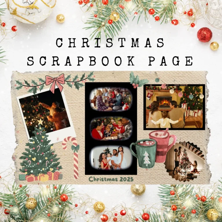 Christmas Scrapbook Page with a Christmas background and the words "Christmas 2025"