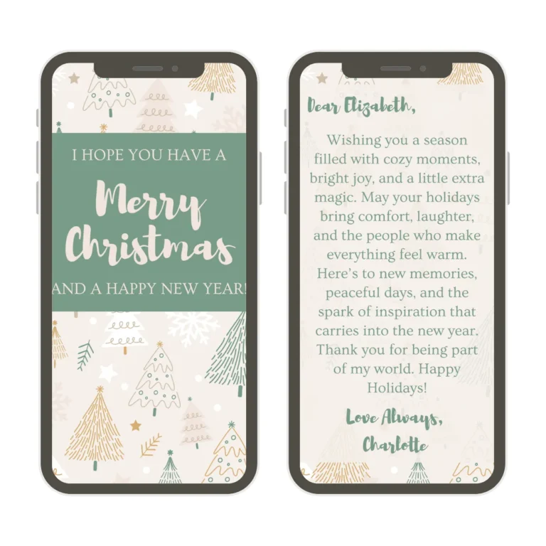 a christmas card on a phone with one image showing the merry christmas and the secons with a christmas note to a friend