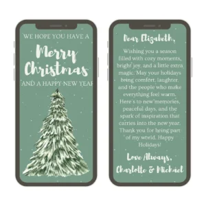 Merry Christmas card with a christmas tree and a christmas message on a cell phone
