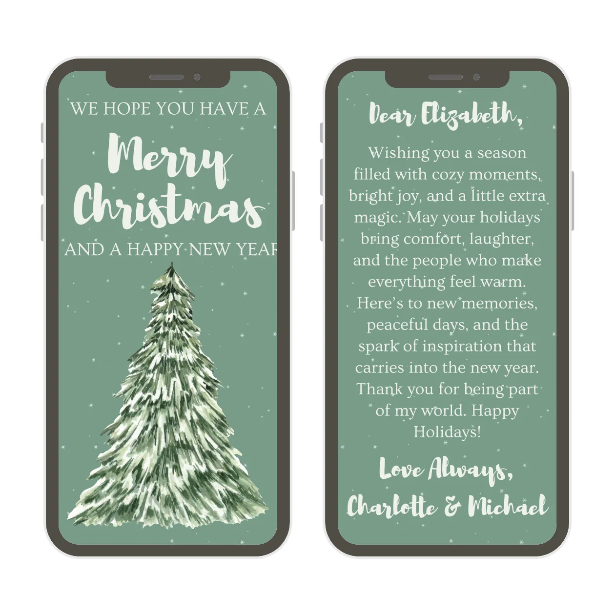 Merry Christmas card with a christmas tree and a christmas message on a cell phone