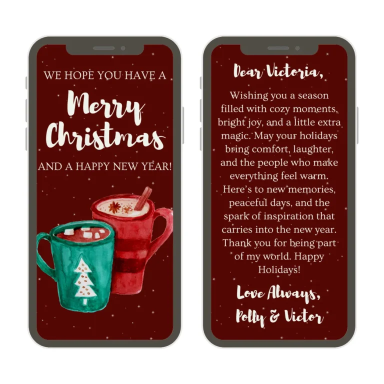 a digital christmas card with two christmas mugs and a merry christmas message