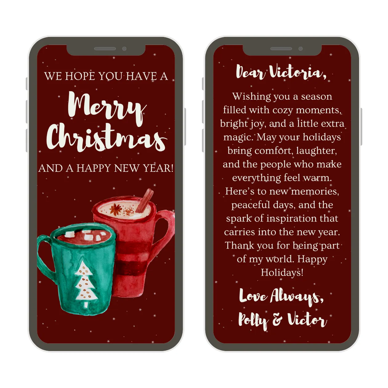 a digital christmas card with two christmas mugs and a merry christmas message