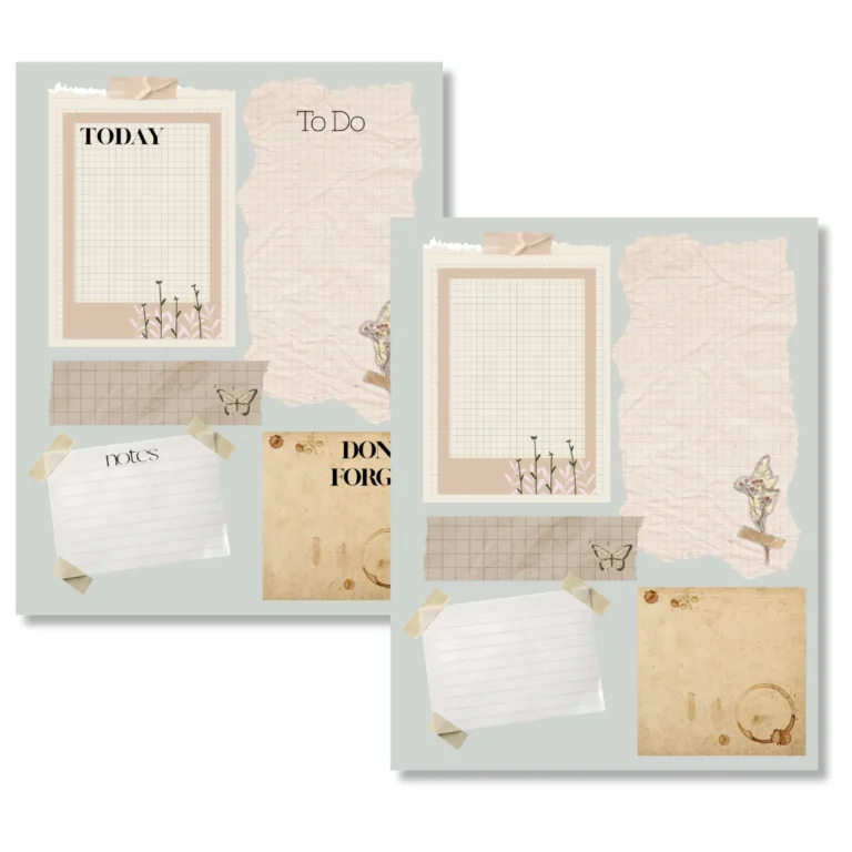 two printable planner pages in an ephemera style, one page with words and one without