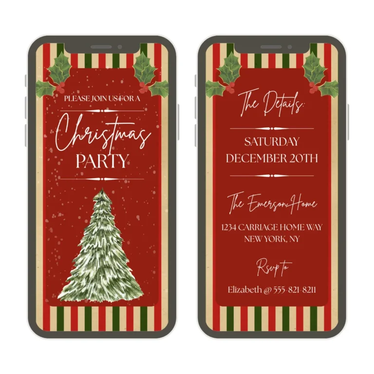 Two cell phone images with two slides of a digital christmas invitation with a Christmas tree and stripes