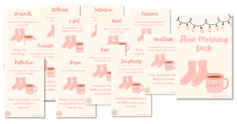 Slow Morning Oracle Deck Set with Cozy Socks and a Coffe cup with cards of thoughts and actions for meditation