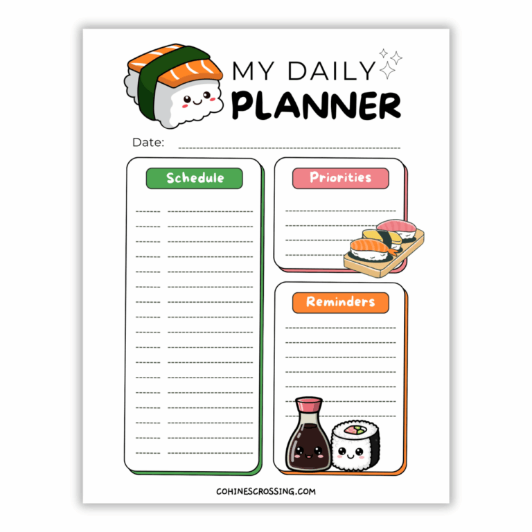 a daily planner with sushi and sections for a schedule, priorities, and reminders