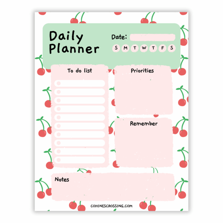 Daily planner printable with cherries in the background and sections for to-do, reminders, and notes.