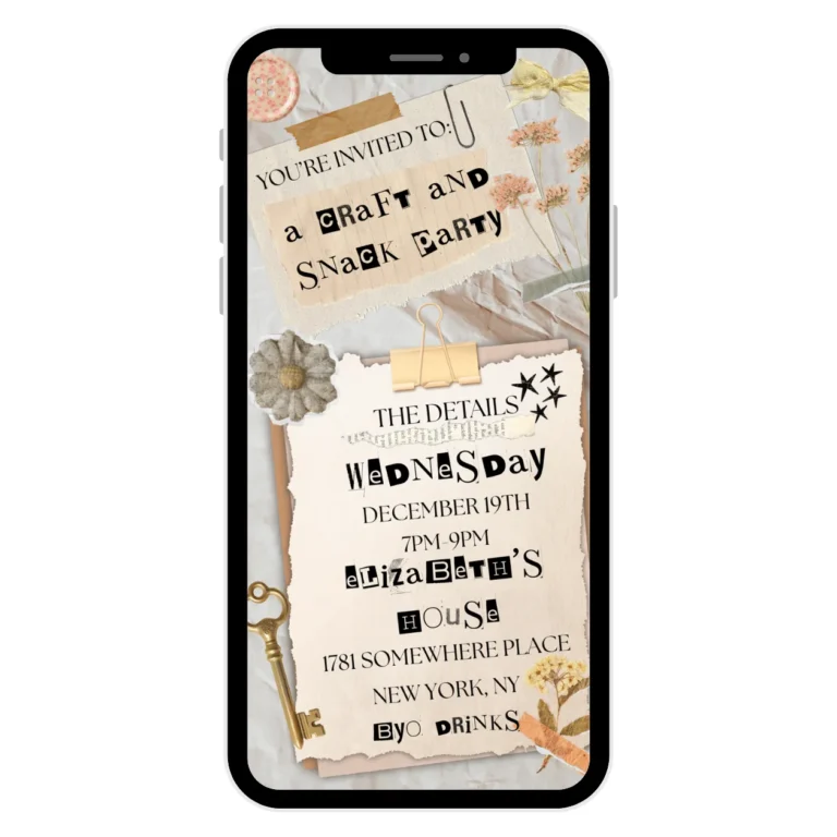 ephemera themed digital party invitation with craft supplies and ephemera and details of a party invitation shown on a cell phone