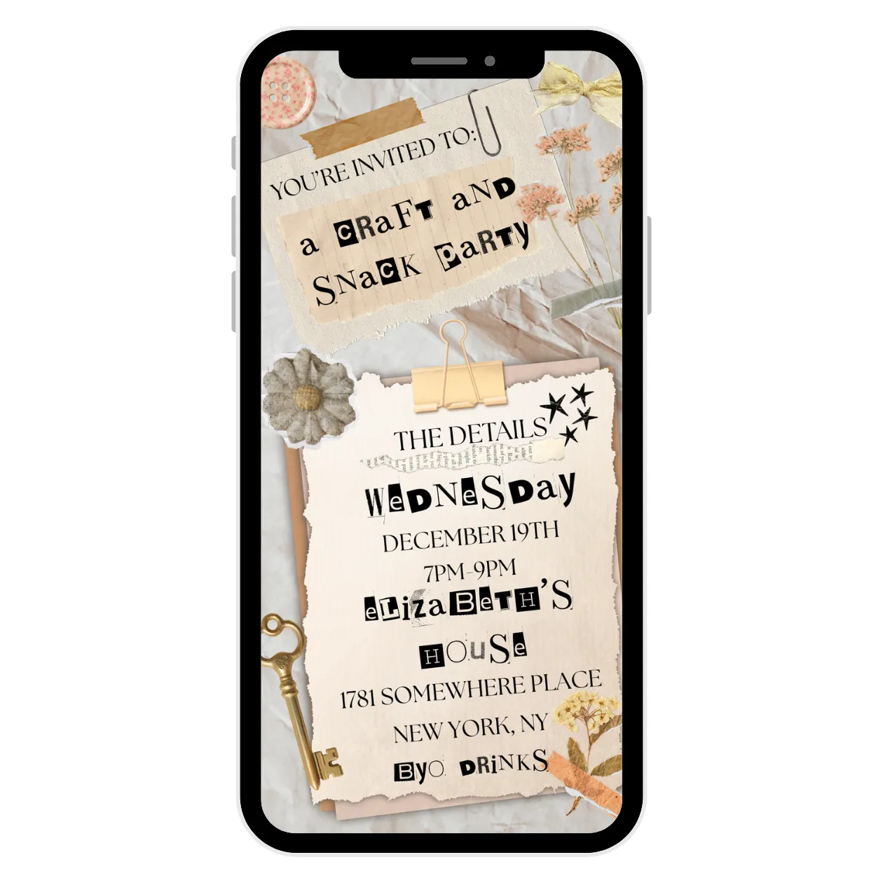 ephemera themed digital party invitation with craft supplies and ephemera and details of a party invitation shown on a cell phone