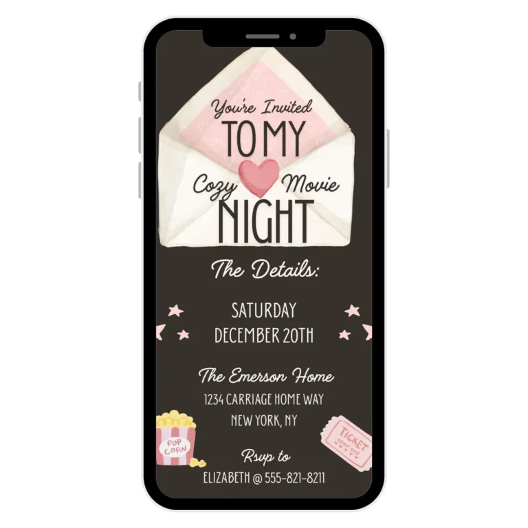 a digital invitation template on a phone. the invitation says "you're invited to my cozy movie night" with and envelop, a ticket, and a bucket of popcorn on a brown backgroud