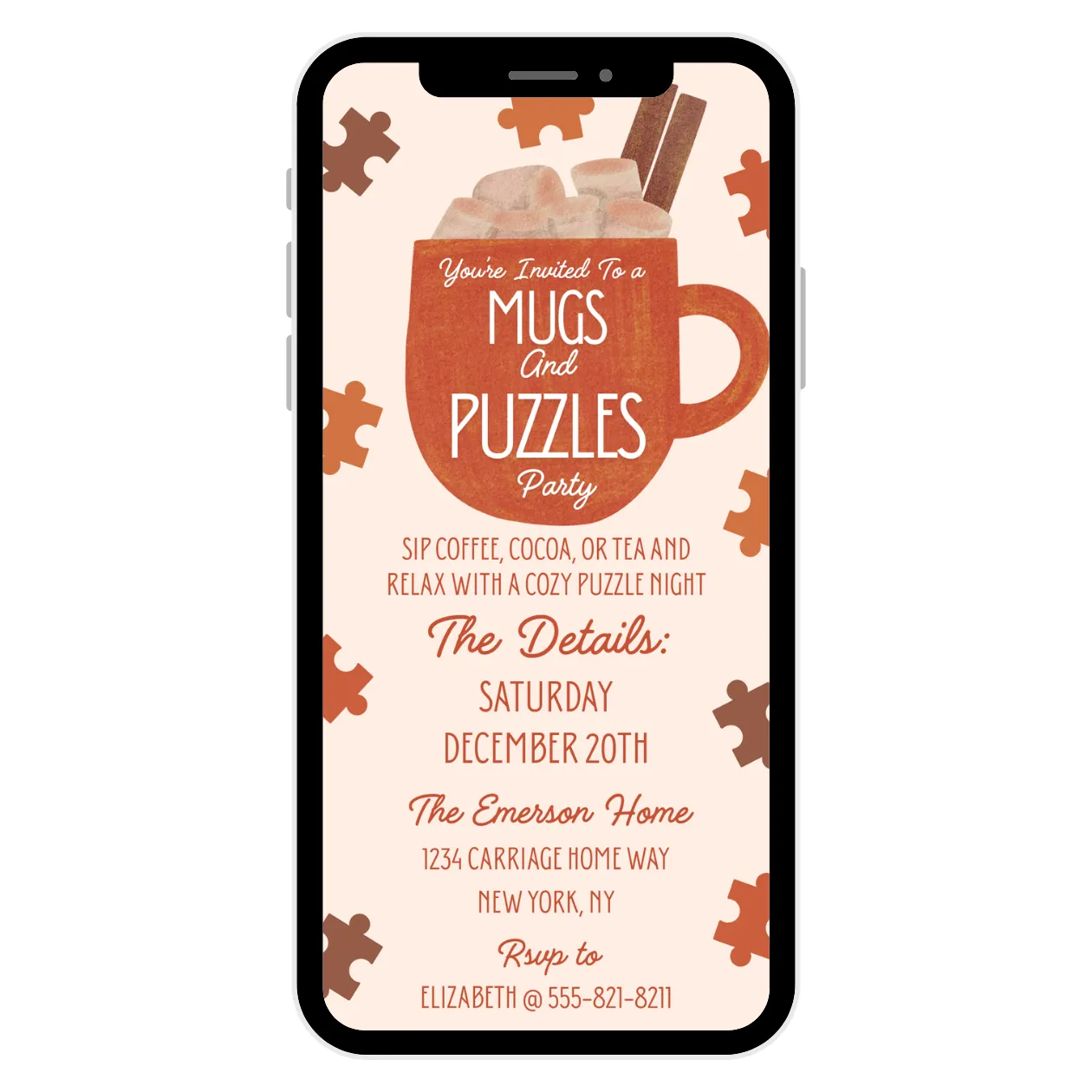 A puzzle party invitation on a cell phone. The invitation has puzzle pieces and a cozy mug with party details.